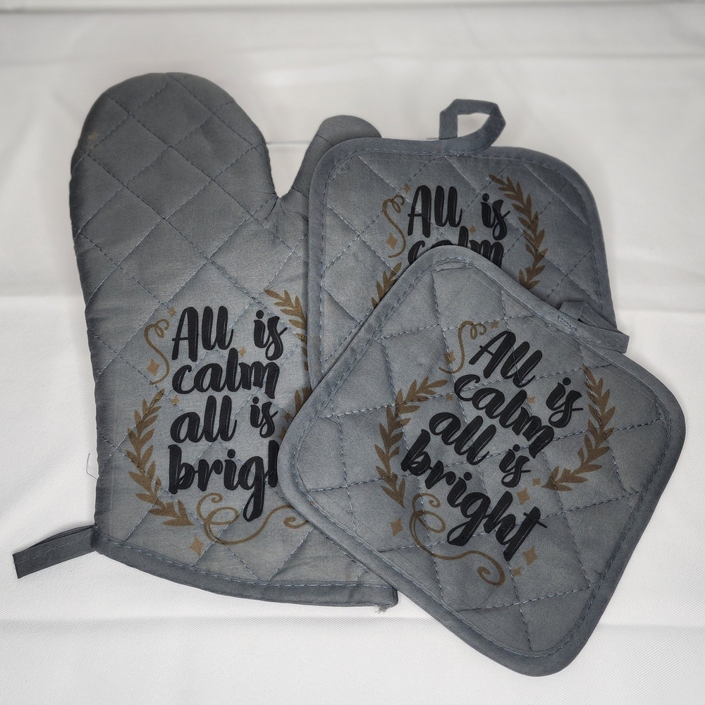 All is calm, all is Bright Quilted Oven Mitt and Potholders Set